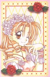 Rule 34 | 1990s (style), 1girl, argyle, argyle background, argyle clothes, brown eyes, brown hair, curly hair, flower, hair flower, hair ornament, jewelry, long hair, necklace, official art, one eye closed, red flower, red rose, retro artstyle, rose, scan, smile, solo, suomi kyouko, tanemura arina, time stranger kyoko, upper body, white flower, white rose, wink, wrist cuffs