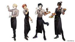 Rule 34 | 4boys, alternate hairstyle, animal ears, apron, aqua eyes, aragami oga, arched back, bag, bill (object), black apron, black footwear, black gloves, black hair, black pants, black vest, blonde hair, blue eyes, bread slice, collarbone, collared shirt, commentary request, copyright notice, cross tie, cup, dark-skinned male, dark skin, earrings, eyepatch, food, forehead, gloves, green eyes, grey shirt, grin, hair slicked back, hand up, holding, holding pen, holding plate, holding teapot, holding tray, holostars, horns, itefu, jackal boy, jackal ears, jackal tail, jewelry, kageyama shien, kishido temma, legs apart, long sleeves, looking at viewer, multicolored hair, multiple boys, name tag, napkin, necktie, official art, one eye closed, open mouth, orange hair, oxfords, pale skin, pancake, pants, parfait, parted bangs, parted lips, pectoral cleavage, pectorals, pen, plate, pocky, pouring, purple eyes, sandwich, shirt, shoes, short sleeves, simple background, single earring, single horn, sleeves rolled up, smile, sneakers, standing, streaked hair, teacup, teapot, toast, tray, two-tone hair, v-shaped eyebrows, vest, virtual youtuber, waist apron, waiter, white necktie, wooden tray, yellow eyes, yukoku roberu