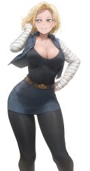 Rule 34 | 1girl, absurdres, android 18, belt, belt skirt, black pantyhose, blonde hair, blue eyes, blue skirt, blush, breasts, buttons, cleavage, collarbone, commentary, denim, denim jacket, denim skirt, dragon ball, dragonball z, earrings, free style (yohan1754), hand up, highres, jacket, jewelry, large breasts, lips, long sleeves, looking to the side, miniskirt, open clothes, open jacket, pantyhose, parted bangs, parted lips, short hair, simple background, skirt, sleeveless, sleeveless jacket, smile, solo, striped, white background