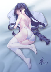 Rule 34 | 1girl, artist name, ass, bad id, bad pixiv id, bed sheet, black hair, breasts, covered mouth, dated, full body, long hair, looking at viewer, looking back, luzia, lying, no shoes, on bed, on side, original, panties, pillow, purple eyes, shoulder blades, signature, small breasts, solo, swept bangs, thighhighs, thighs, topless, underwear, very long hair, white panties, white thighhighs