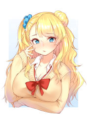 Rule 34 | 10s, 1girl, blonde hair, blue eyes, breast hold, breasts, cardigan, cleavage, galko, hair ornament, hair scrunchie, highres, large breasts, long hair, looking at viewer, one side up, oshiete! galko-chan, ribbon, school uniform, scrunchie, sleeves past wrists, solo, sunege (hp0715)