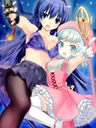 Rule 34 | 2girls, aqua eyes, aqua hair, blush, bra, breasts, cleavage, cosplay, dress, gun, h2so4, large breasts, long hair, looking at viewer, majika majika, multiple girls, open mouth, pantyhose, purple hair, refeia, skirt, staff, tabata suzume, thighhighs, tsukushi mizuho, underwear, weapon, yellow eyes