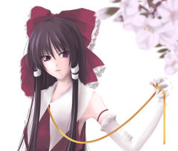 Rule 34 | 1girl, bare shoulders, bow, enishi midori, female focus, flower, gloves, hair bow, hakurei reimu, looking at viewer, lowres, red bow, simple background, solo, touhou, upper body, white background, white gloves