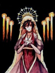 Rule 34 | averting eyes, black background, breasts, brown hair, candle, choker, collarbone, crown, dress, empty eyes, evillious nendaiki, frown, gouache (medium), hair between eyes, halo, hand on own chest, highres, large breasts, looking to the side, majo salmhofer no toubou (vocaloid), meiko (vocaloid), meta28050, meta salmhofer, painting (medium), parody, red dress, religion, see-through, see-through sleeves, serious, short hair, sideways glance, traditional media, vocaloid, watercolor (medium), yellow veil