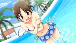Rule 34 | 1girl, bikini, bikini skirt, blue bikini, blush, breasts, brown hair, cleavage, covering privates, covering chest, d:, game cg, go! go! nippon! 2015, go! go! nippon! ~my first trip to japan~, highres, misaki akira, non-web source, official art, open mouth, palm tree, polka dot, polka dot bikini, pool, print bikini, red eyes, short hair, side-tie bikini bottom, solo, swimsuit, topless, tree, two piece, undone, untied bikini, wardrobe malfunction, water, wavy mouth