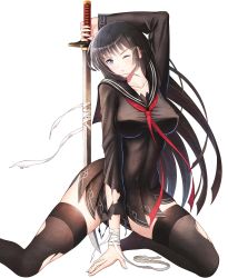 Rule 34 | 10s, 1girl, absurdres, bandages, black bullet, black hair, black thighhighs, blue eyes, breasts, highres, impossible clothes, impossible shirt, katana, large breasts, legs, long hair, long sleeves, ltt challenger, school uniform, shirt, solo, spotlight, sword, taut clothes, taut shirt, tendou kisara, thighhighs, torn clothes, torn shirt, torn thighhighs, weapon, white background
