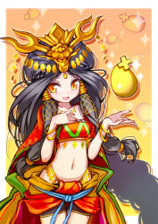 Rule 34 | 1girl, :d, ame no uzume (p&amp;d), bandeau, bike shorts, black hair, bracelet, egg, hair ornament, hong (white spider), jewelry, long hair, looking at viewer, lots of jewelry, navel, open mouth, puzzle &amp; dragons, sidelocks, smile, solo, sparkle, strapless, thigh gap, tube top, very long hair, yellow eyes