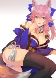 Rule 34 | 10s, 1girl, animal ears, ass, bell, blue thighhighs, breasts, collar, detached sleeves, fate/extra, fate/grand order, fate (series), fox ears, fox tail, hair ribbon, harupy, japanese clothes, large breasts, lips, looking at viewer, lying, neck bell, on side, parted lips, pink hair, ribbon, solo, tail, tamamo no mae (fate/extra), thighhighs, thighs, yellow eyes