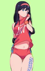 Rule 34 | 1girl, absurdres, akasakaa, black hair, blue eyes, bodypaint, breasts, commentary request, elbow sleeve, gridman universe, gridman universe (film), headband, highres, long hair, looking at viewer, medium breasts, official alternate costume, red headband, red shorts, scrunchie, shorts, simple background, solo, sportswear, sweat, takarada rikka, thighs, volleyball uniform, wrist scrunchie