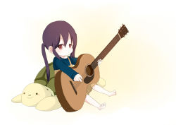 Rule 34 | 1girl, acoustic guitar, aged down, black hair, child, guitar, instrument, k-on!, komugiko, long hair, looking at viewer, music, nakano azusa, pillow, playing instrument, simple background, sitting, solo, stuffed animal, stuffed toy, tareme, thighhighs, turtle, turtle shell, twintails, white thighhighs, yellow background