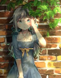 Rule 34 | 1girl, against wall, animal ears, aqua eyes, aqua hair, blue dress, blue ribbon, brick wall, character request, choker, collarbone, commentary, copyright request, day, dress, english text, grey hair, hair ribbon, hand over eye, highres, long hair, makura (makura0128), multicolored hair, ok sign, ok sign over eye, outdoors, parted lips, plant, ribbon, shade, short sleeves, solo, streaked hair, symbol-only commentary, twintails, vines, white choker, yellow ribbon
