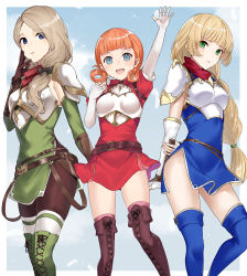 Rule 34 | 3girls, annette fantine dominic, armor, blonde hair, blue dress, blue eyes, blue footwear, blue hair, blue sky, blunt bangs, boobplate, boots, border, braid, breastplate, breasts, brown footwear, brown gloves, brown legwear, catria (fire emblem), catria (fire emblem) (cosplay), cosplay, cross-laced clothes, day, dress, elbow gloves, est (fire emblem), est (fire emblem) (cosplay), feet out of frame, fingerless gloves, fire emblem, fire emblem: three houses, gloves, green dress, green eyes, green footwear, hair over shoulder, hair rings, hand on own face, haru (nakajou-28), highres, ingrid brandl galatea, long hair, low ponytail, mercedes von martritz, multiple girls, nintendo, orange hair, outdoors, outside border, palla (fire emblem), palla (fire emblem) (cosplay), pantyhose, purple eyes, red dress, short dress, short hair, short sleeves, shoulder armor, side slit, single braid, sky, small breasts, standing, thigh boots, thighhighs, thighhighs over pantyhose, thighhighs under boots, waving, white border, white gloves, white legwear