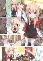 Rule 34 | &gt; &lt;, 1boy, 1girl, apron, arm up, basket, black apron, blonde hair, blue eyes, blush, brown jacket, brown shorts, bruise, chair, chibi, cloak, closed mouth, cold, comic, commentary request, door, eating, flying sweatdrops, food, fork, heart, highres, holding, holding basket, holding fork, holding knife, hood, hood down, hooded cloak, hungry, injury, jacket, kanju, knife, light bulb, little match girl, long hair, long sleeves, matches, nose blush, on chair, open mouth, outdoors, patch, plate, pointing, red cloak, resolution mismatch, shirt, short shorts, short sleeves, shorts, silent comic, sitting, sleeves past wrists, snow, source smaller, sparkle, spoken blush, spoken food, stitches, stomach growling, table, tears, trembling, very long hair, wavy mouth, white shirt, window