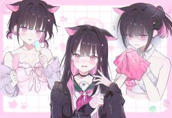 Rule 34 | 0202ase, 1girl, absurdres, alternate hair length, alternate hairstyle, animal ears, black choker, black hair, black jacket, blue archive, blush, cardigan, cat ears, choker, closed mouth, extra ears, food, green sailor collar, hair ornament, hairclip, halo, highres, holding, holding food, holding pom poms, jacket, kazusa (blue archive), long hair, long sleeves, millennium cheerleader outfit (blue archive), multiple views, neckerchief, one-piece swimsuit, open clothes, open jacket, open mouth, pink halo, pink neckerchief, pink one-piece swimsuit, pom pom (cheerleading), pom poms, popsicle, purple cardigan, red eyes, sailor collar, short hair, smile, swimsuit, tongue, tongue out