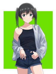 Rule 34 | 1girl, black camisole, black hair, blue shorts, camisole, closed mouth, collarbone, commentary request, gradient hair, green eyes, green hair, highres, kousuke0912, long sleeves, looking at viewer, love live!, love live! nijigasaki high school idol club, multicolored hair, shirt, short shorts, shorts, sleeveless, solo, streaked hair, takasaki yu, twintails, two-tone hair, white shirt