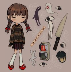 Rule 34 | 1girl, aged down, alternate costume, arms at sides, blush, braid, brown hair, closed eyes, closed mouth, commentary, english commentary, expressionless, eye person (yume nikki), eyeball, flute, frown, full body, ghost, grey background, hair bobbles, hair ornament, instrument, io (onisarashi), kitchen knife, kneehighs, lantern, long hair, long sleeves, low twintails, madotsuki, mary janes, medium bangs, miniskirt, one-eyed, pirori (yume nikki), pleated skirt, red footwear, shoes, sidelocks, simple background, skirt, sleeves past wrists, socks, standing, sweater, traffic light, twin braids, twintails, white socks, yume nikki