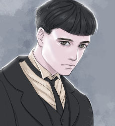 Rule 34 | 1boy, black eyes, black hair, credence barebone, fantastic beasts and where to find them, grey background, harry potter (series), male focus, necktie, portrait, solo, wizarding world, yunzhi-zz