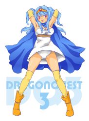 Rule 34 | 1girl, adjusting hair, blue hair, blush, boots, breasts, cape, chunsoft, circlet, cleavage, copyright name, dragon quest, dragon quest iii, dress, elbow gloves, enix, female focus, full body, gloves, large breasts, lento, long hair, panties, red eyes, sage (dq3), smile, solo, standing, underwear, white background