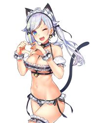 Rule 34 | 1girl, ;d, absurdres, animal ears, bare shoulders, bell, bikini, black bikini, black choker, blue eyes, breasts, bridal garter, cat ears, cat girl, cat tail, choker, cleavage, cowboy shot, detached sleeves, earrings, fang, frilled bikini, frills, groin, hair ornament, hair ribbon, hairclip, halterneck, hands up, heart, heart hands, highres, jewelry, jingle bell, kitakubu, kitazume kumie, kitazume kumin, long hair, looking at viewer, maid, maid bikini, maid day, maid headdress, medium breasts, multicolored hair, navel, one eye closed, open mouth, ribbon, silver hair, simple background, smile, solo, stomach, streaked hair, swimsuit, tail, tail raised, thighs, twintails, unconventional maid, virtual youtuber, white background, wrist cuffs