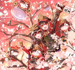 Rule 34 | 1boy, 1girl, black headwear, bottle, brother and sister, cape, chain, cherry blossoms, cup, falling petals, family crest, fate/grand order, fate (series), gloves, hat, highres, holding, holding cup, long hair, long sleeves, military hat, military uniform, mini nobu (fate), oda nobukatsu (fate), oda nobunaga (fate), oda uri, peaked cap, petals, pink theme, red eyes, sake bottle, siblings, sidelocks, trap, twitter username, uniform, very long hair, white gloves, yui (tamagohan)
