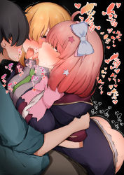 Rule 34 | 1boy, 2girls, arm grab, ass, between breasts, black background, black coat, blonde hair, blue bow, blue shirt, blush, bottomless, bow, bowtie, breasts, breasts apart, brown eyes, chieru (princess connect!), chloe (princess connect!), coat, collared shirt, empty eyes, faceless, faceless male, ffm threesome, green neckwear, grey shirt, group sex, hair bow, hair ornament, hair over eyes, heart, heart-shaped pupils, hetero, highres, medium breasts, multiple girls, narusan beam2, necktie, necktie between breasts, nose blush, open mouth, pink bow, pink hair, pink neckwear, princess connect!, purple eyes, saliva, shirt, short hair, simple background, star (symbol), star hair ornament, symbol-shaped pupils, threesome, tongue, tongue out