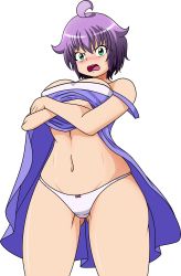 Rule 34 | 1girl, absurdres, blush, breasts, cleavage, dress, green eyes, highres, large breasts, legs, lifting own clothes, looking at viewer, navel, open mouth, original, panties, purple hair, short hair, solo, thighs, underwear, undressing, white panties, yukino akaihi