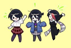 Rule 34 | 1girl, artist request, black hair, blue jacket, closed eyes, closed mouth, commentary request, jacket, knives chau, korean commentary, open mouth, red hair, scarf, scott pilgrim (series), shirt, short hair, simple background, skirt, smile, solid circle eyes, standing, yellow background