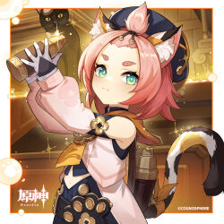 Rule 34 | 1girl, absurdres, animal ear fluff, animal ears, bare shoulders, beret, black cat, black hat, cat, cat ears, cat tail, commentary request, cowboy shot, detached sleeves, diona (genshin impact), forehead, genshin impact, green eyes, hat, highres, holding, indoors, long sleeves, navel, official art, pink hair, pink shirt, shirt, sleeveless, sleeveless shirt, solo, standing, tail, thick eyebrows