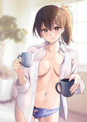 Rule 34 | 1girl, blue panties, blush, breasts, brown eyes, brown hair, buttons, closed mouth, collarbone, collared shirt, cover, cowboy shot, cup, fingernails, hair between eyes, holding, holding cup, kaga (kancolle), kantai collection, lace, lace panties, large breasts, lingerie, long hair, long sleeves, looking at viewer, mimamui, mug, navel, open clothes, open shirt, panties, shirt, side ponytail, smile, solo, underwear, white shirt