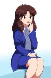Rule 34 | 1girl, :o, blue jacket, blue skirt, brown eyes, brown hair, collared shirt, commentary request, dress shirt, feet out of frame, formal, hand up, highres, jacket, long hair, long sleeves, looking away, oishinbo, open clothes, open jacket, open mouth, parted bangs, shirosato, shirt, skirt, skirt suit, solo, suit, white background, white shirt