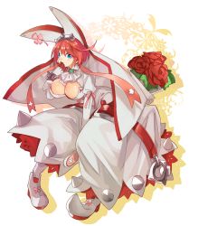 Rule 34 | 1girl, bad id, bad pixiv id, blue eyes, blush, breasts, cleavage, cleavage cutout, clothing cutout, clover, earrings, elphelt valentine, guilty gear, guilty gear xrd, hair ornament, hyakuhachi (over3), jewelry, large breasts, orippa, red hair, short hair, solo, veil