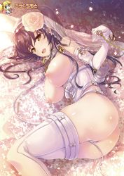 Rule 34 | 1girl, absurdres, ass, bdsm, body blush, bondage, bound, breasts, breasts out, bridal veil, brown eyes, brown hair, chain, collar, cuffs, elbow gloves, flower, gloves, hair flower, hair ornament, highres, kouguchi moto, lace, large breasts, leash, long hair, looking at viewer, lying, nipples, on side, open mouth, puffy nipples, scan, shiny skin, solo, sparkle, thighhighs, veil, white thighhighs