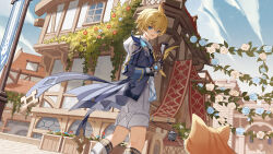 Rule 34 | 1boy, :d, absurdres, ahoge, banner, black gloves, blonde hair, blue cape, blue eyes, blue flower, blue jacket, blue sky, blush, book, cape, cat, chinese commentary, cloud, commentary request, day, earrings, feet out of frame, flower, genshin impact, gloves, gradient hair, hair between eyes, half-timbered, hand up, highres, holding, holding book, hood, hood down, hoodie, house, in-universe location, jacket, jewelry, long sleeves, looking back, low ponytail, male focus, mika (genshin impact), multicolored hair, open clothes, open jacket, open mouth, orange cat, orange hair, outdoors, plant, ponytail, short hair, short ponytail, shorts, sidelocks, sky, sleepy1292673668, smile, solo, standing, stone wall, stud earrings, teeth, upper teeth only, vambraces, vision (genshin impact), wall, white flower, white hoodie, white shorts, window