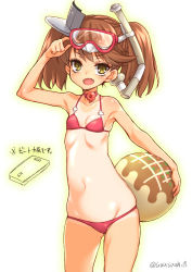 Rule 34 | 10s, 1girl, alternate costume, beach, bikini, blush, breasts, brown eyes, brown hair, choker, diving mask, diving mask on head, fang, food, goggles, goggles on head, gradient background, kantai collection, long hair, looking at viewer, magatama, navel, one-piece tan, open mouth, red bikini, ryuujou (kancolle), small breasts, smile, snorkel, solo, swimsuit, takoyaki, tan, tanline, twintails, uousa-ou, visor cap