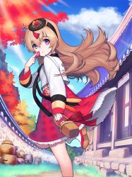 Rule 34 | 1girl, :t, autumn, basket, black ribbon, brown hair, cloud, cropped legs, eating, floral print, food, hairband, hanbok, highres, holding, holding food, korean clothes, kyundoo, long hair, looking at viewer, mid-autumn festival, original, outdoors, print skirt, purple eyes, red ribbon, red skirt, ribbon, shrine, skirt, sky, solo, standing, standing on one leg, tassel, tree