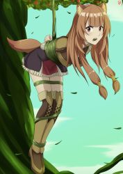 Rule 34 | 1girl, absurdres, animal ears, bdsm, blush, bondage, boots, bound, dress, highres, looking at viewer, raccoon ears, raccoon tail, raphtalia, restrained, tail, tate no yuusha no nariagari, thigh boots, thighhighs, tree