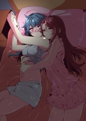 Rule 34 | 2girls, absurdres, bare arms, blue hair, blush, camisole, ecoman, frilled nightgown, frills, grabbing another&#039;s stomach, highres, hug, love live!, love live! sunshine!!, multiple girls, nightgown, pink nightgown, red hair, sakurauchi riko, shorts, sleeping, tsushima yoshiko, yuri