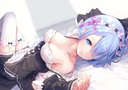 Rule 34 | 10s, 1girl, apron, armpits, arms up, bare shoulders, bed sheet, black dress, blue eyes, blue hair, breasts, cleavage, closed mouth, collarbone, curtains, detached sleeves, dress, dutch angle, frilled dress, frills, from side, garter straps, hair ornament, hair over one eye, hair ribbon, hairband, indoors, kether, large breasts, lolita hairband, long sleeves, looking at viewer, looking to the side, lying, maid, off shoulder, on back, on bed, pink ribbon, re:zero kara hajimeru isekai seikatsu, rem (re:zero), ribbon, sleeves past wrists, smile, solo, thighhighs, waist apron, white apron, white thighhighs, x hair ornament, zettai ryouiki