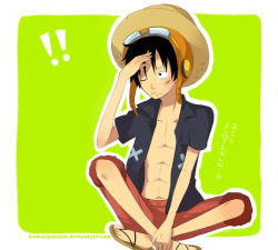 Rule 34 | 1boy, black hair, full body, goggles, green background, hat, indian style, male focus, monkey d. luffy, one piece, one piece: strong world, open clothes, open shirt, red shorts, sandals, scar, shirt, shorts, simple background, sitting, solo, straw hat