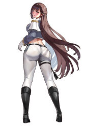 Rule 34 | 1girl, absurdres, artist request, ass, ass focus, blush, boots, breasts, brown eyes, brown hair, embarrassed, from behind, gloves, goddess of victory: nikke, highres, huge ass, large breasts, long hair, looking at viewer, marciana (nikke), pants, pantylines, parted lips, sideboob, solo, tight clothes, tight pants, very long hair