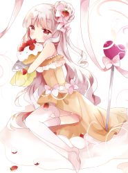 Rule 34 | 1girl, bad id, bad pixiv id, bare shoulders, blush, bow, brown dress, brown eyes, brown hair, cake, commentary, cream, dress, food, food-themed clothes, food-themed hair ornament, fruit, hair bow, hair bun, hair ornament, head tilt, heart, highres, long hair, looking at viewer, looking to the side, no shoes, original, pink bow, pink ribbon, ribbon, side bun, single hair bun, single side bun, sleeveless, sleeveless dress, solo, strawberry, strawberry hair ornament, symbol-only commentary, thighhighs, tsukiyo (skymint), very long hair, white background, white thighhighs