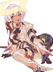 Rule 34 | 1girl, :p, ankh necklace, bad id, bad pixiv id, ball and chain restraint, bell-bottoms, between breasts, black gloves, bodysuit, breasts, colored inner hair, spiked halo, gloves, guilty gear, guilty gear xrd, halo, highres, jack-o&#039; valentine, long hair, medium breasts, multicolored hair, no bra, no mask, pants, plunging neckline, red eyes, red hair, sitting, solo, spiked anklet, tongue, tongue out, two-tone hair, wariza, white background, white bodysuit, white hair, xu sanchuan