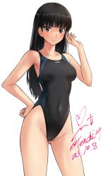 Rule 34 | 1girl, amagami, ayatsuji tsukasa, black hair, black one-piece swimsuit, breasts, brown eyes, competition swimsuit, covered navel, cowboy shot, dated, highleg, highleg swimsuit, long hair, one-piece swimsuit, signature, simple background, small breasts, solo, standing, swimsuit, twitter username, two-tone swimsuit, white background, yoo tenchi