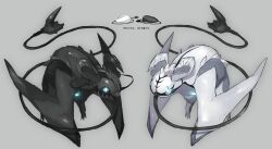 Rule 34 | black horns, blue eyes, diffraction spikes, dragon, from side, full body, glowing, glowing eyes, grey background, highres, horns, monsterification, mouse (computer), no humans, omarumaru, open mouth, original, reference inset, robot, sharp teeth, simple background, spikes, tail, teeth, white horns, wings, wyvern