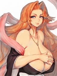 Rule 34 | 1girl, bare shoulders, bleach, blue eyes, breasts, cleavage, fumio (rsqkr), hair intakes, highres, huge breasts, jewelry, lips, long hair, looking at viewer, matsumoto rangiku, mole, mole under mouth, necklace, no bra, orange hair, pink scarf, scarf, simple background, solo, upper body, very long hair, white background