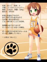 Rule 34 | 1girl, :d, ahoge, animal ears, ball, basketball, basketball (object), basketball uniform, blush, brown hair, dog ears, dog tail, fang, green eyes, inuarashi, letterboxed, meiko (inuarashi), open mouth, original, short hair, smile, solo, sportswear, standing, tail, translation request