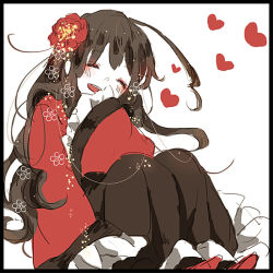 Rule 34 | 1girl, ahoge, axis powers hetalia, black border, blush, border, brown hair, china dress, chinese clothes, closed eyes, dress, flower, frilled sleeves, frills, hair flower, hair ornament, hand to own mouth, heart, huge ahoge, kikumo, long hair, long sleeves, ojou-sama pose, open mouth, red dress, simple background, sleeves past wrists, smile, solo, taiwan (hetalia), white background