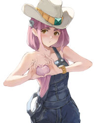 Rule 34 | 1girl, blue overalls, blush, brown eyes, closed mouth, cowboy hat, cowboy shot, creatures (company), denim overalls, frown, game freak, hat, heart, heart-shaped boob challenge, heart hands, highres, jojobirdz, lacey (pokemon), looking at viewer, nintendo, overalls, pink hair, pokemon, pokemon sv, short hair, simple background, solo, strap slip, strapless, thick eyebrows, watch, white background, wristwatch