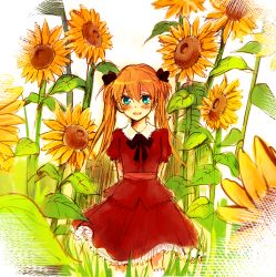 Rule 34 | 1girl, :d, apu, aqua eyes, arms behind back, bad id, bad pixiv id, blush, bow, brown hair, dress, flower, frills, neon genesis evangelion, open mouth, orange hair, red dress, smile, solo, souryuu asuka langley, sunflower, twintails, aged down