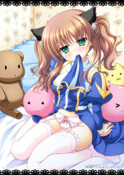 Rule 34 | 1girl, :3, alternate color, animal ear fluff, animal ears, blue dress, blush, border, bow, bow panties, breasts, brown hair, cat ears, closed mouth, clothes lift, commentary request, dress, dress lift, frilled pillow, frilled thighhighs, frills, full body, furukawa lemon, garter straps, green eyes, high priest (ragnarok online), juliet sleeves, lace, lace border, lifted by self, long hair, long sleeves, looking at viewer, medium breasts, mouth hold, no shoes, on bed, ornate border, panties, pillow, pink bow, poring, puffy sleeves, ragnarok online, sash, sitting, solo, stuffed animal, stuffed chicken, stuffed toy, teddy bear, thighhighs, two-tone dress, two side up, underwear, wallpaper (object), wariza, white dress, white panties, white sash, white thighhighs
